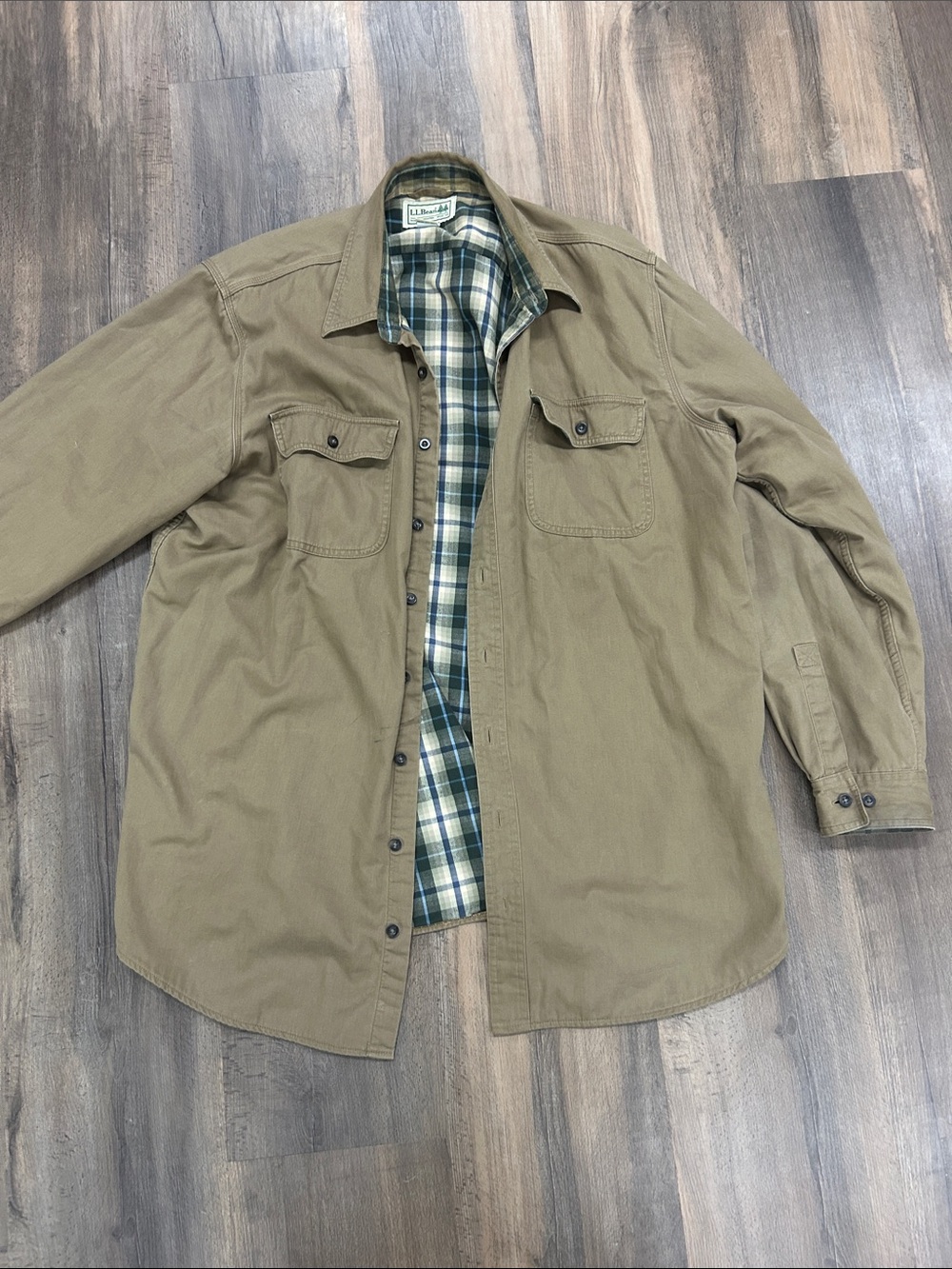 L.L. Bean XL Tall Men's Khaki Shirt-Jacket with Green Plaid Lining